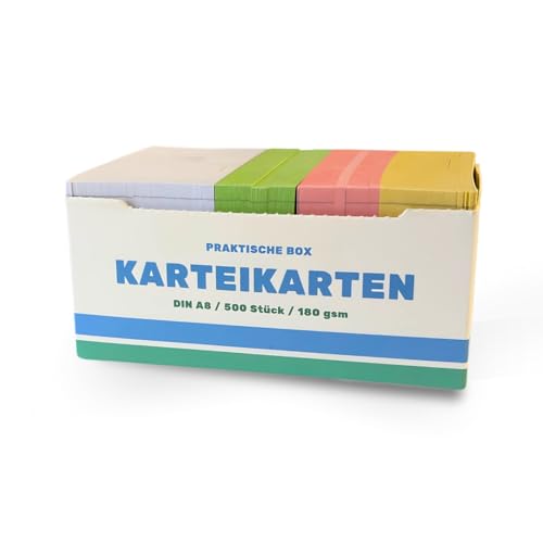 Karteikarten A8 liniert in praktischer box (5,2 cm x 7,4 cm) - Bunte Lernkarten, Farbig sortiert, als Moderationskarten, Vokabeln, Büro von Fasonak