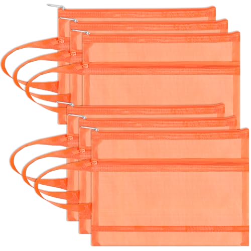 Fassave 6 Stück Netztaschen mit Reißverschluss, doppellagige Nylon-Tasche mit Griff für Büro und Reisen (Orange, A4) von Fassave