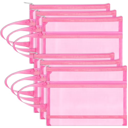 Fassave 6 Stück Netztaschen mit Reißverschluss, doppellagige Nylon-Tasche mit Griff für Büro und Reisen (Rosa, A4) von Fassave