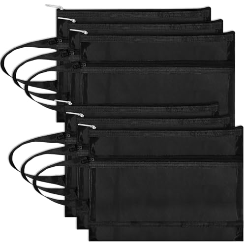 Fassave 6 Stück Netztaschen mit Reißverschluss, doppellagige Nylon-Tasche mit Griff für Büro und Reisen (Schwarz, A4) von Fassave