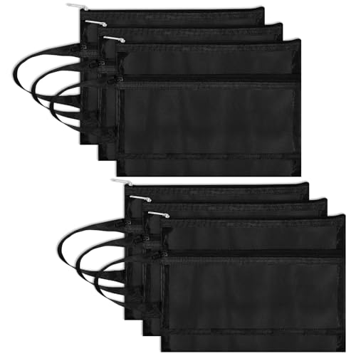 Fassave 6 Stück Netztaschen mit Reißverschluss, doppellagige Nylon-Tasche mit Griff für Büro und Reisen (Schwarz, A5) von Fassave