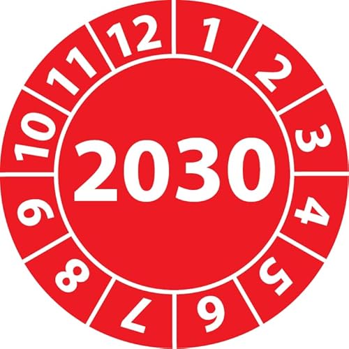 Jahresprüfplakette 2030, Vinylfolie, selbstklebend, Prüfaufkleber, Jahresplakette für das Jahr 2030 (30 mm Ø, Rot, 250) von Fast-Label