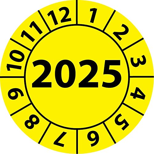 Jahresprüfplakette 2025, Vinylfolie, selbstklebend, Prüfaufkleber, Jahresplakette für das Jahr 2025 (20 mm Ø, Gelb, 100) von Fast-Label