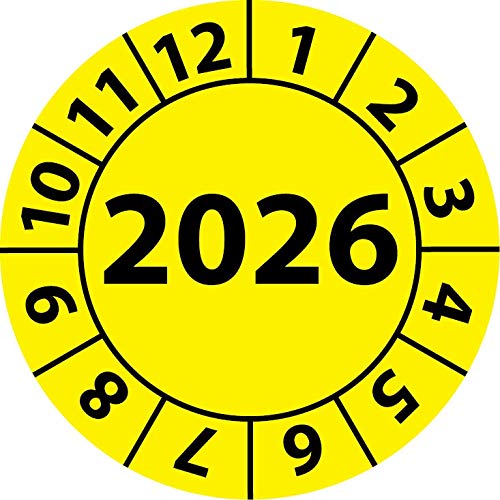 Jahresprüfplakette 2026, Vinylfolie, selbstklebend, Prüfaufkleber, Jahresplakette für das Jahr 2026 (20 mm Ø, Gelb, 100) von Fast-Label