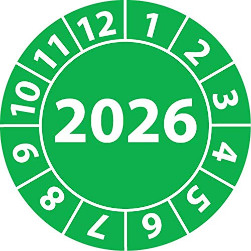 Jahresprüfplakette 2026, Vinylfolie, selbstklebend, Prüfaufkleber, Jahresplakette für das Jahr 2026 (20 mm Ø, Grün, 100) von Fast-Label