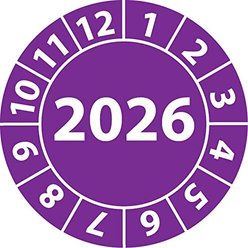 Jahresprüfplakette 2026, Vinylfolie, selbstklebend, Prüfaufkleber, Jahresplakette für das Jahr 2026 (20 mm Ø, Violett, 100) von Fast-Label