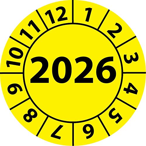 Jahresprüfplakette 2026, Vinylfolie, selbstklebend, Prüfaufkleber, Jahresplakette für das Jahr 2026 (25 mm Ø, Gelb, 100) von Fast-Label