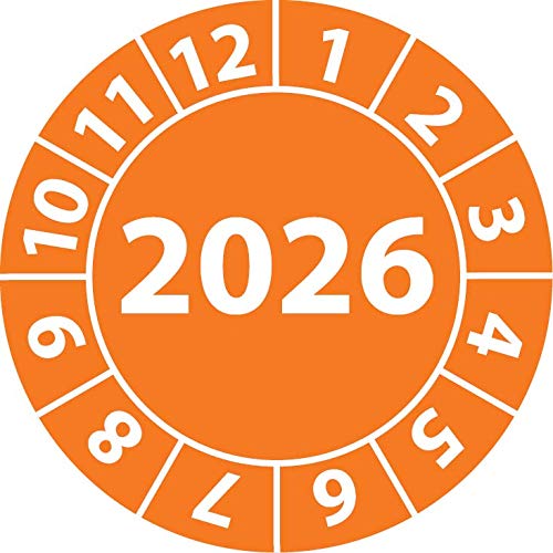 Jahresprüfplakette 2026, Vinylfolie, selbstklebend, Prüfaufkleber, Jahresplakette für das Jahr 2026 (25 mm Ø, Orange, 250) von Fast-Label