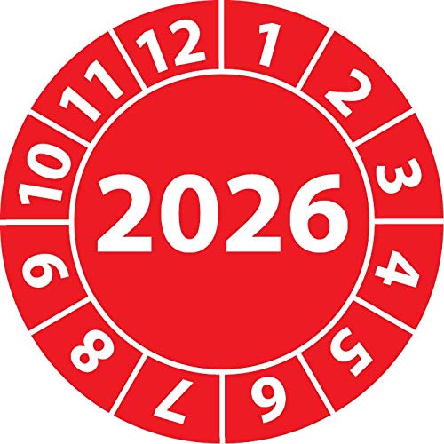 Jahresprüfplakette 2026, Vinylfolie, selbstklebend, Prüfaufkleber, Jahresplakette für das Jahr 2026 (30 mm Ø, Rot, 250) von Fast-Label