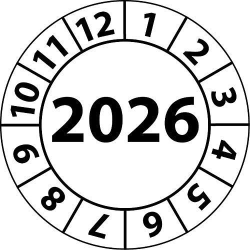 Jahresprüfplakette 2026, Vinylfolie, selbstklebend, Prüfaufkleber, Jahresplakette für das Jahr 2026 (35 mm Ø, Weiß, 500) von Fast-Label