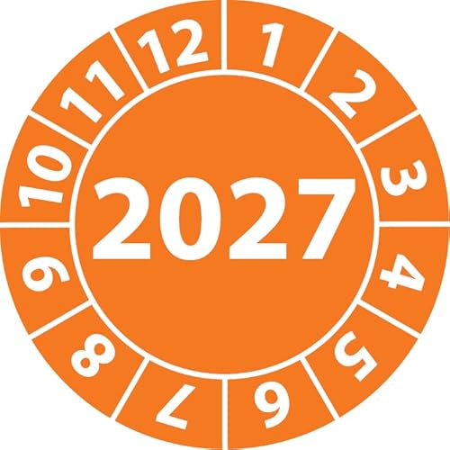 Jahresprüfplakette 2027, Vinylfolie, selbstklebend, Prüfaufkleber, Jahresplakette für das Jahr 2027 in verschiedenen Farben & Größen (25 mm Ø, Orange, 250) von Fast-Label