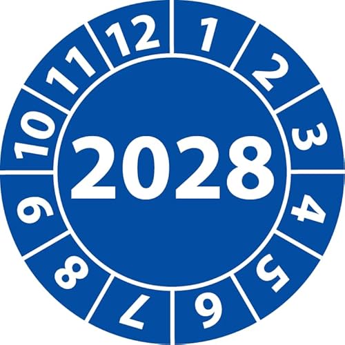 Jahresprüfplakette 2028, Vinylfolie, selbstklebend, Prüfaufkleber, Jahresplakette für das Jahr 2028 (25 mm Ø, Blau, 100) von Fast-Label