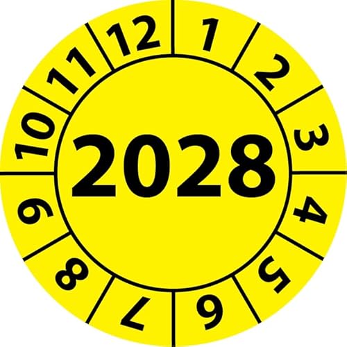 Jahresprüfplakette 2028, Vinylfolie, selbstklebend, Prüfaufkleber, Jahresplakette für das Jahr 2028 (25 mm Ø, Gelb, 100) von Fast-Label