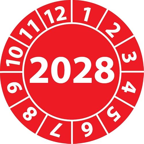 Jahresprüfplakette 2028, Vinylfolie, selbstklebend, Prüfaufkleber, Jahresplakette für das Jahr 2028 (30 mm Ø, Rot, 500) von Fast-Label