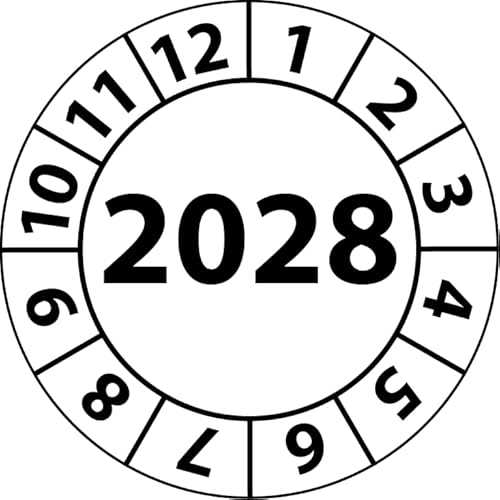 Jahresprüfplakette 2028, Vinylfolie, selbstklebend, Prüfaufkleber, Jahresplakette für das Jahr 2028 (30 mm Ø, Weiß, 100) von Fast-Label