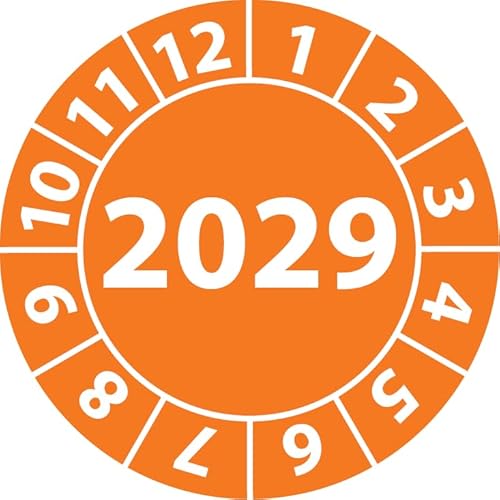 Jahresprüfplakette 2029, Vinylfolie, selbstklebend, Prüfaufkleber, Jahresplakette für das Jahr 2029 (20 mm Ø, Orange, 500) von Fast-Label