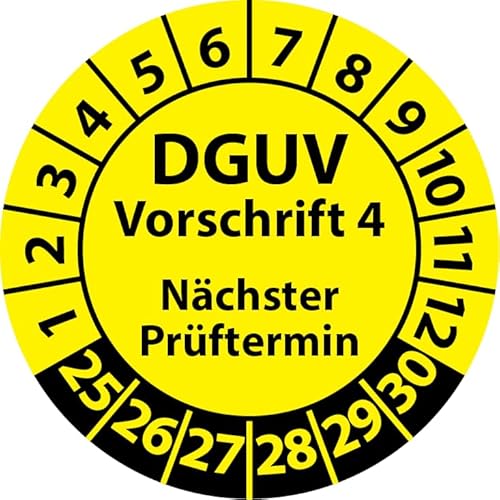 Prüfplakette DGUV Vorschrift 4 Nächster Prüftermin, selbstklebend, Prüfaufkleber, Prüfetikett, Plakette DGUV V4 (25 mm Ø, Gelb, 100) von Fast-Label