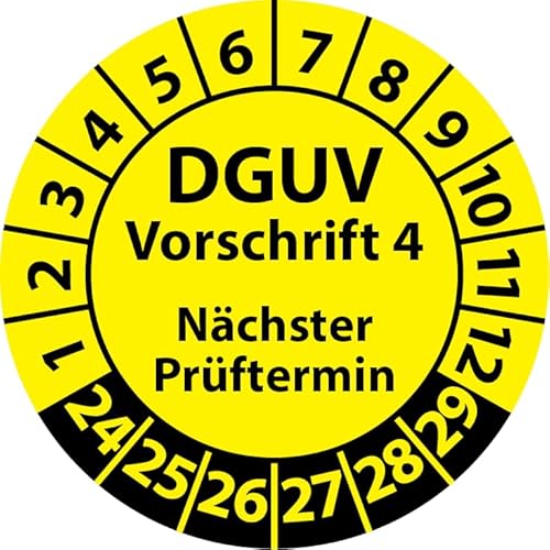 Prüfplakette DGUV Vorschrift 4 Nächster Prüftermin, selbstklebend, Prüfaufkleber, Prüfetikett, Plakette DGUV V4 (30 mm Ø, Gelb, 250) von Fast-Label