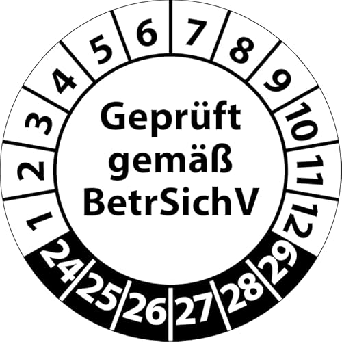 Prüfplakette Geprüft gemäß BetrSichV, Vinylfolie, Prüfaufkleber, Prüfetikett, Plakette (30 mm Ø, Weiß, 500) von Fast-Label