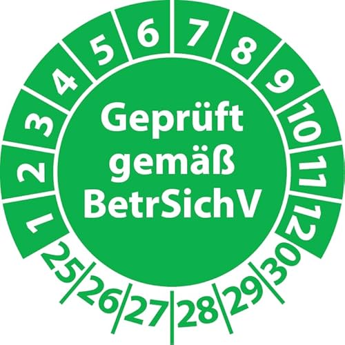 Prüfplakette Geprüft gemäß BetrSichV, Vinylfolie, Prüfaufkleber, Prüfetikett, Plakette (30 mm Ø, Grün, 250) von Fast-Label