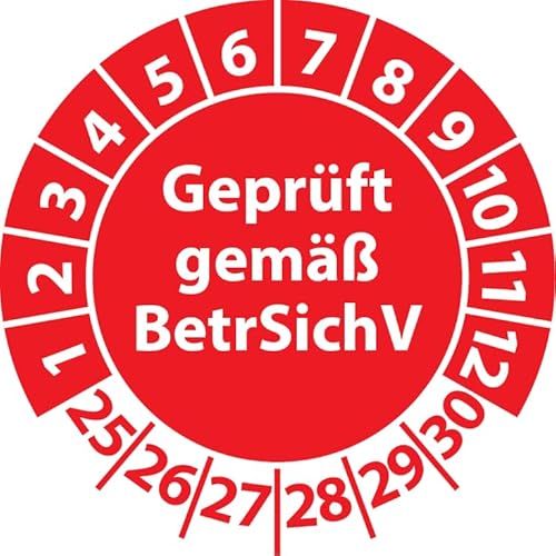 Prüfplakette Geprüft gemäß BetrSichV, Vinylfolie, Prüfaufkleber, Prüfetikett, Plakette (35 mm Ø, Rot, 100) von Fast-Label