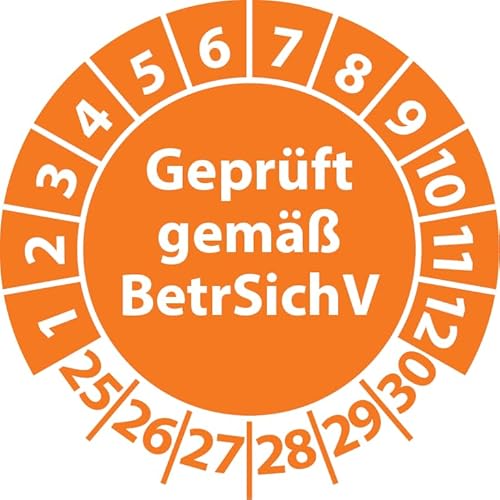 Prüfplakette Geprüft gemäß BetrSichV, Vinylfolie, Prüfaufkleber, Prüfetikett, Plakette (35 mm Ø, Orange, 100) von Fast-Label