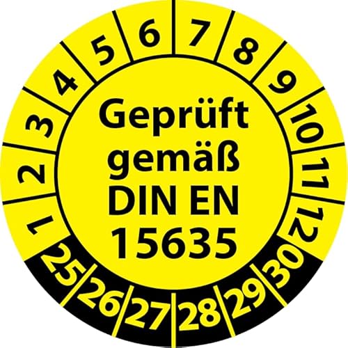 Prüfplakette Geprüft gemäß DIN EN 15635 Lagereinrichtungen, Vinylfolie, Prüfaufkleber, Prüfetikett, Plakette (20 mm Ø, Gelb, 500) von Fast-Label