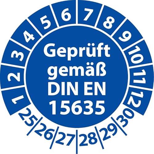 Prüfplakette Geprüft gemäß DIN EN 15635 Lagereinrichtungen, Vinylfolie, Prüfaufkleber, Prüfetikett, Plakette (25 mm Ø, Blau, 500) von Fast-Label