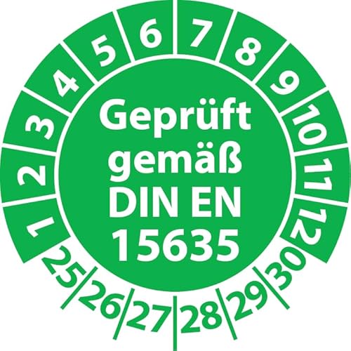 Prüfplakette Geprüft gemäß DIN EN 15635 Lagereinrichtungen, Vinylfolie, Prüfaufkleber, Prüfetikett, Plakette (25 mm Ø, Grün, 250) von Fast-Label