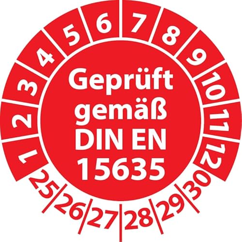 Prüfplakette Geprüft gemäß DIN EN 15635 Lagereinrichtungen, Vinylfolie, Prüfaufkleber, Prüfetikett, Plakette (30 mm Ø, Rot, 500) von Fast-Label