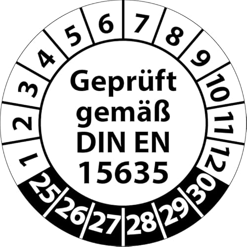 Prüfplakette Geprüft gemäß DIN EN 15635 Lagereinrichtungen, Vinylfolie, Prüfaufkleber, Prüfetikett, Plakette (30 mm Ø, Weiß, 500) von Fast-Label