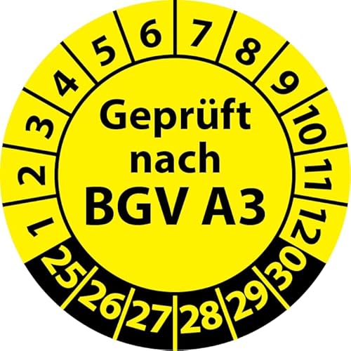 Prüfplakette Geprüft nach BGV A3, Vinylfolie, selbstklebend, Prüfaufkleber, Prüfetikett, Plakette (20 mm Ø, Gelb, 500) von Fast-Label