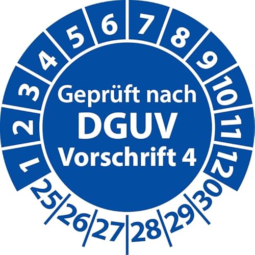 Prüfplakette Geprüft nach DGUV Vorschrift 4, selbstklebend, Prüfaufkleber, Prüfetikett, Plakette DGUV V4 (20 mm Ø, Blau, 500) von Fast-Label