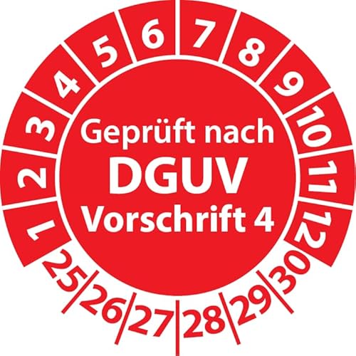 Prüfplakette Geprüft nach DGUV Vorschrift 4, selbstklebend, Prüfaufkleber, Prüfetikett, Plakette DGUV V4 (20 mm Ø, Rot, 100) von Fast-Label