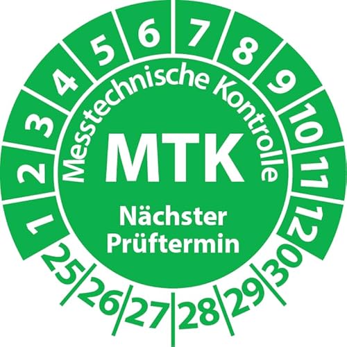 Prüfplakette MTK Medizintechnik Messtechnische Kontrolle, Vinylfolie, Prüfaufkleber, Prüfetikett, Plakette (25 mm Ø, Grün, 100) von Fast-Label