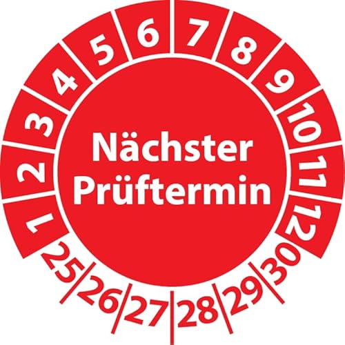 Prüfplakette Nächster Prüftermin, Vinylfolie, selbstklebend, Prüfaufkleber, Prüfetikett, Plakette (30 mm Ø, Rot, 500) von Fast-Label