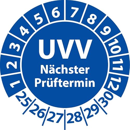 Prüfplakette UVV Nächster Prüftermin, Vinylfolie, Prüfaufkleber, Prüfetikett, Plakette UVV-Prüfung (20 mm Ø, Blau, 250) von Fast-Label