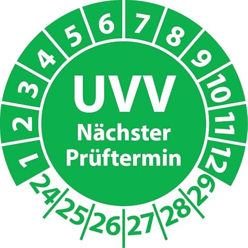 Prüfplakette UVV Nächster Prüftermin, Vinylfolie, Prüfaufkleber, Prüfetikett, Plakette UVV-Prüfung (20 mm Ø, Grün, 500) von Fast-Label