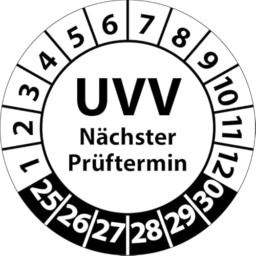 Prüfplakette UVV Nächster Prüftermin, Vinylfolie, Prüfaufkleber, Prüfetikett, Plakette UVV-Prüfung (20 mm Ø, Weiß, 500) von Fast-Label