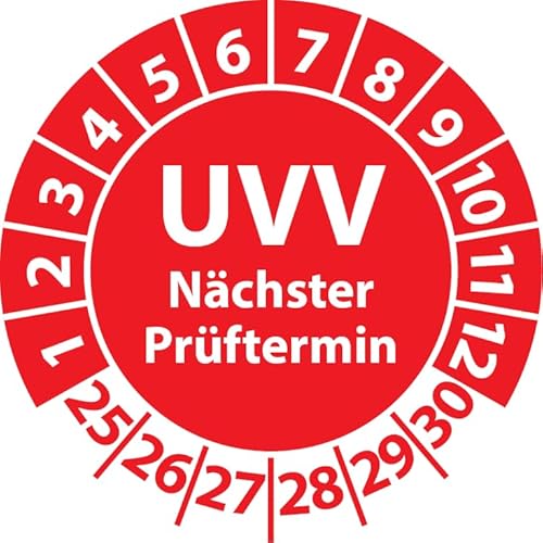 Prüfplakette UVV Nächster Prüftermin, Vinylfolie, Prüfaufkleber, Prüfetikett, Plakette UVV-Prüfung (25 mm Ø, Rot, 250) von Fast-Label