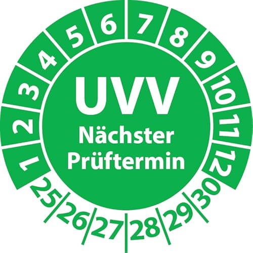 Prüfplakette UVV Nächster Prüftermin, Vinylfolie, Prüfaufkleber, Prüfetikett, Plakette UVV-Prüfung (30 mm Ø, Grün, 500) von Fast-Label