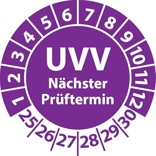 Prüfplakette UVV Nächster Prüftermin, Vinylfolie, Prüfaufkleber, Prüfetikett, Plakette UVV-Prüfung (30 mm Ø, Violett, 250) von Fast-Label