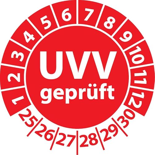 Prüfplakette UVV geprüft, Vinylfolie, Prüfaufkleber, Prüfetikett, Plakette Unfallverhütungsvorschrift (20 mm Ø, Rot, 100) von Fast-Label