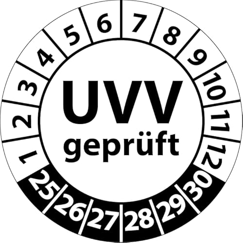 Prüfplakette UVV geprüft, Vinylfolie, Prüfaufkleber, Prüfetikett, Plakette Unfallverhütungsvorschrift (20 mm Ø, Weiß, 500) von Fast-Label