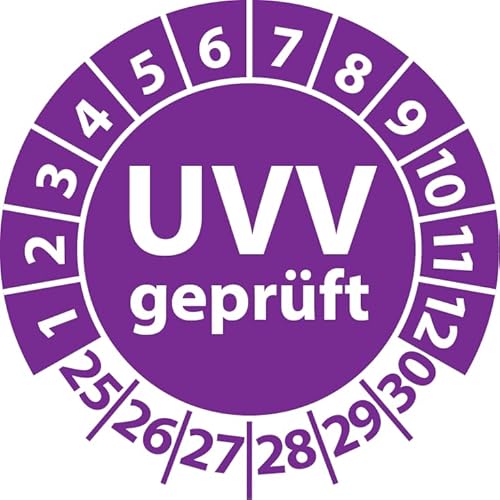 Prüfplakette UVV geprüft, Vinylfolie, Prüfaufkleber, Prüfetikett, Plakette Unfallverhütungsvorschrift (25 mm Ø, Violett, 500) von Fast-Label