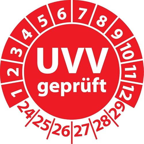 Prüfplakette UVV geprüft, Vinylfolie, Prüfaufkleber, Prüfetikett, Plakette Unfallverhütungsvorschrift (30 mm Ø, Rot, 500) von Fast-Label