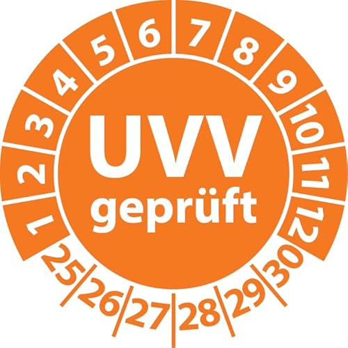 Prüfplakette UVV geprüft, Vinylfolie, Prüfaufkleber, Prüfetikett, Plakette Unfallverhütungsvorschrift (35 mm Ø, Orange, 250) von Fast-Label