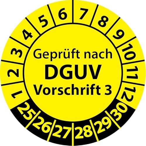 Prüfplaketten Geprüft nach DGUV Vorschrift 3, Vinylfolie, Prüfaufkleber, Prüfetiketten, Plaketten DGUV V3 (25 mm Ø, Gelb, 100) von Fast-Label