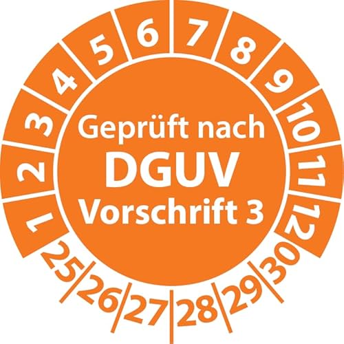 Prüfplaketten Geprüft nach DGUV Vorschrift 3, Vinylfolie, Prüfaufkleber, Prüfetiketten, Plaketten DGUV V3 (25 mm Ø, Orange, 250) von Fast-Label