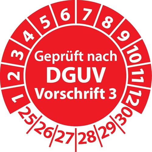 Prüfplaketten Geprüft nach DGUV Vorschrift 3, Vinylfolie, Prüfaufkleber, Prüfetiketten, Plaketten DGUV V3 (25 mm Ø, Rot, 100) von Fast-Label